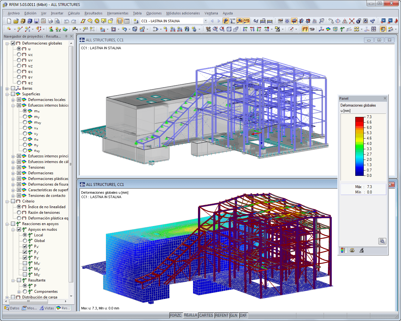 Modelo y deformaciones del edificio de caldera mostrado en RFEM (© AG-inženiring d.o.o.)