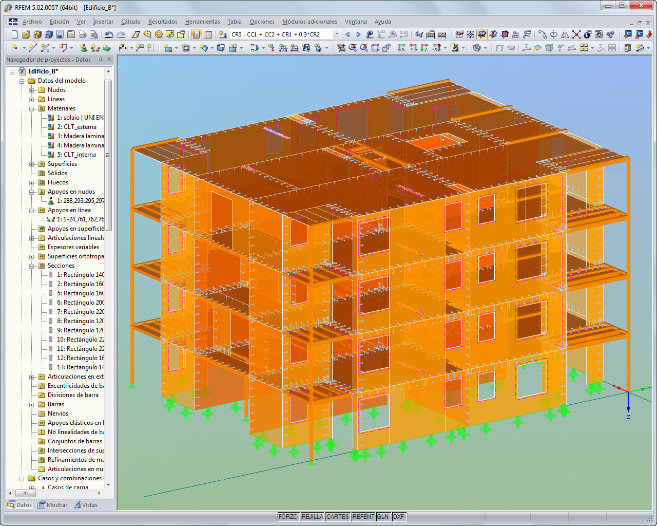 Modelo del complejo de viviendas B mostrado en RFEM (© Rubner)