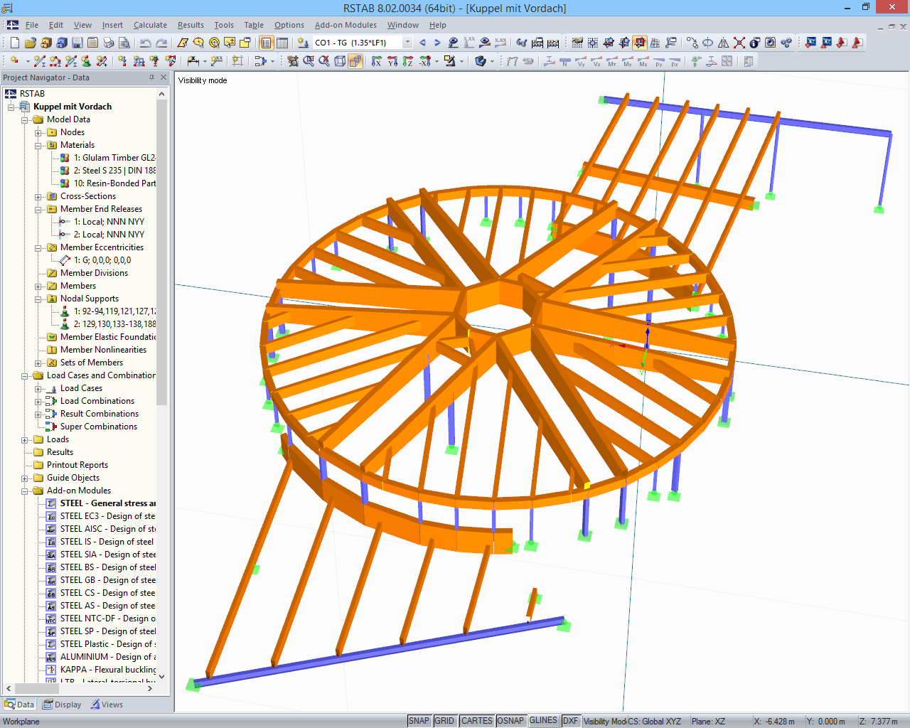 RSTAB-Modell des Zeltdaches mit zwei anschließenden Pergolas (© IB Wagner)