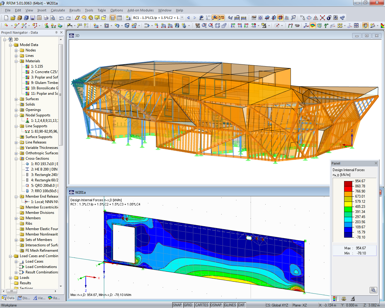 3D-Gesamtmodell (oben) und Bemessungsschnittgrößen einer Brettsperrholzwand (unten) in RFEM (© Schrentewein & Partner)