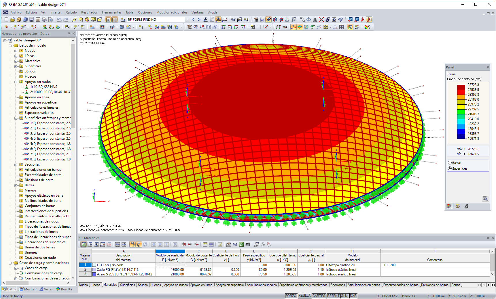 Modelo en 3D del cojín de ETFE con la red de cables en RFEM (© z3rch)