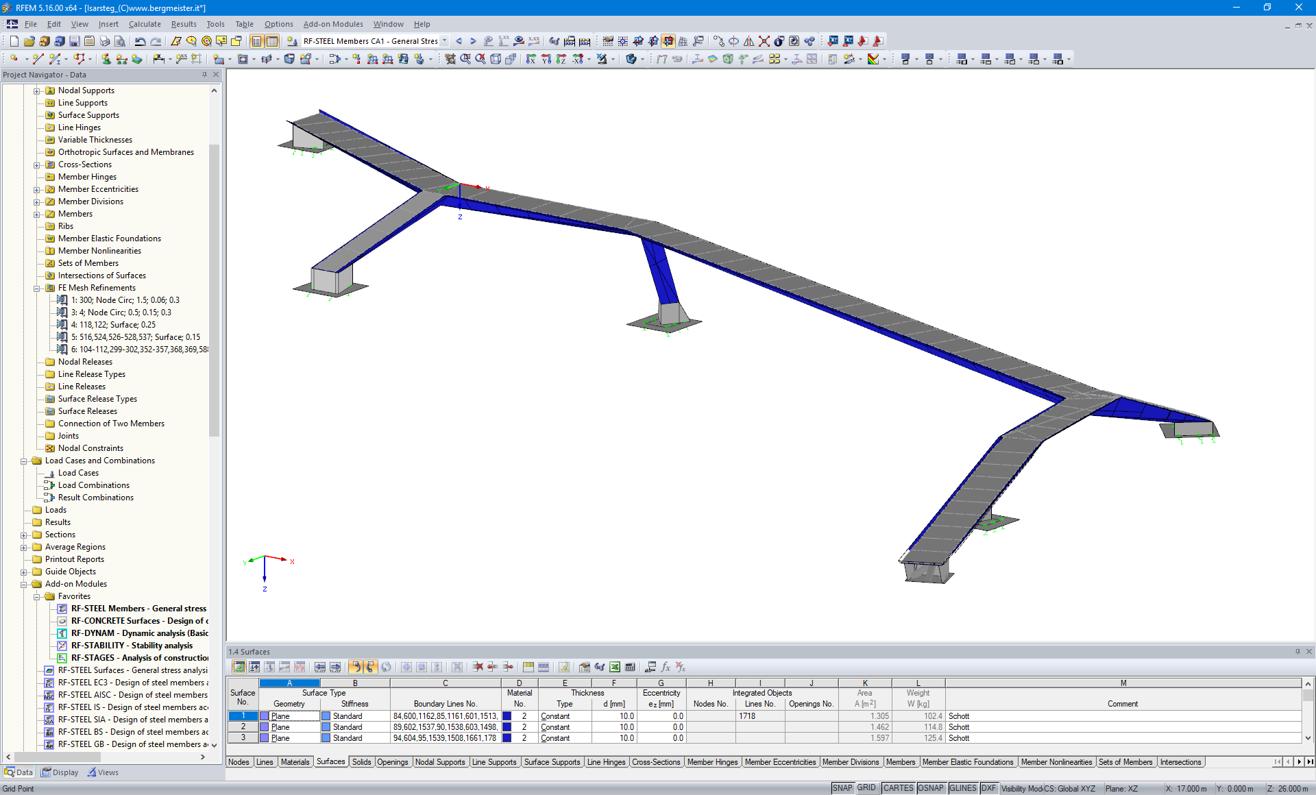 Modelo en 3D de la estructura de soporte de Isarsteg en RFEM (© Bergmeister Ingenieure GmbH)