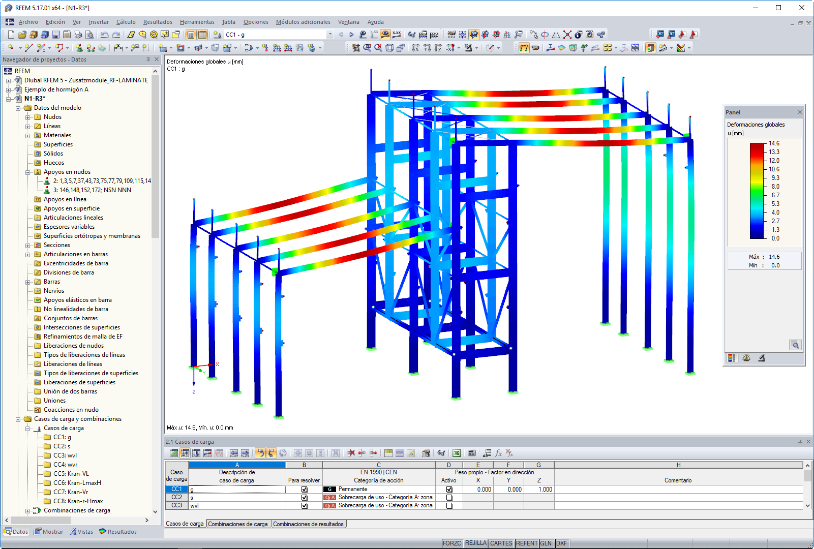 Modelo 3D de la estructura de la sala con deformaciones visualizadas en RFEM (© pbr)
