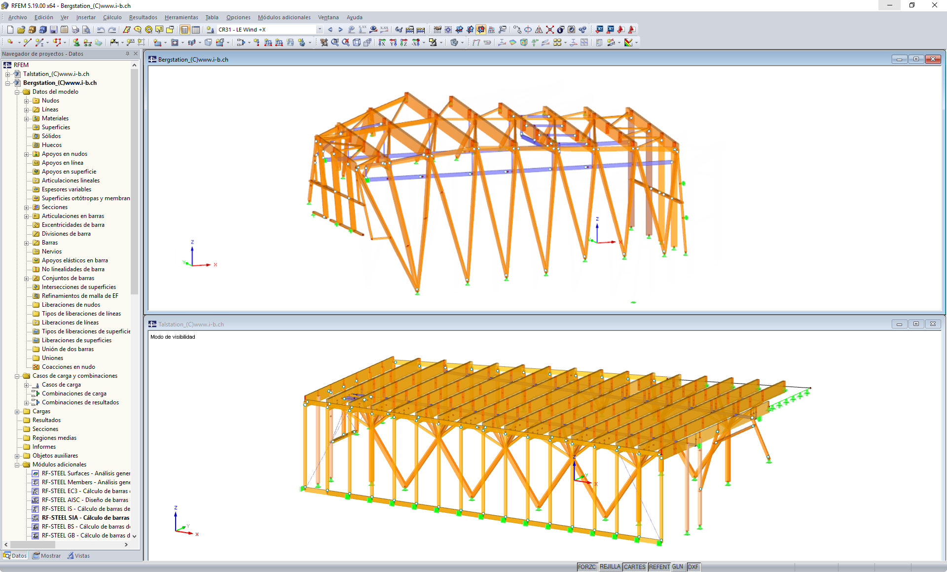 Modelo de RFEM de la estación de montaña (superior) y la estación del valle (inferior) (© Indermühle Bauingenieure)