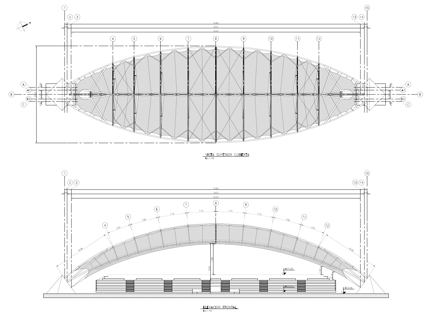 Plano de la sección con la vista superior (superior) y la sección a través de la cubierta (inferior, © FHS Ingeniería Estructural Ltda.)