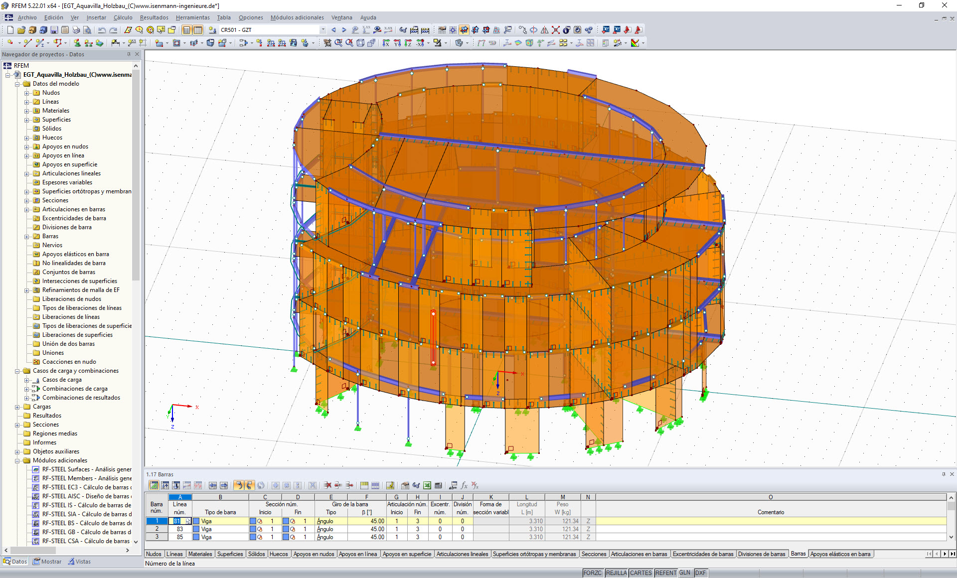 3D-Modell des viergeschossigen Holzbaus in RFEM (© Isenmann Ingenieur GmbH)