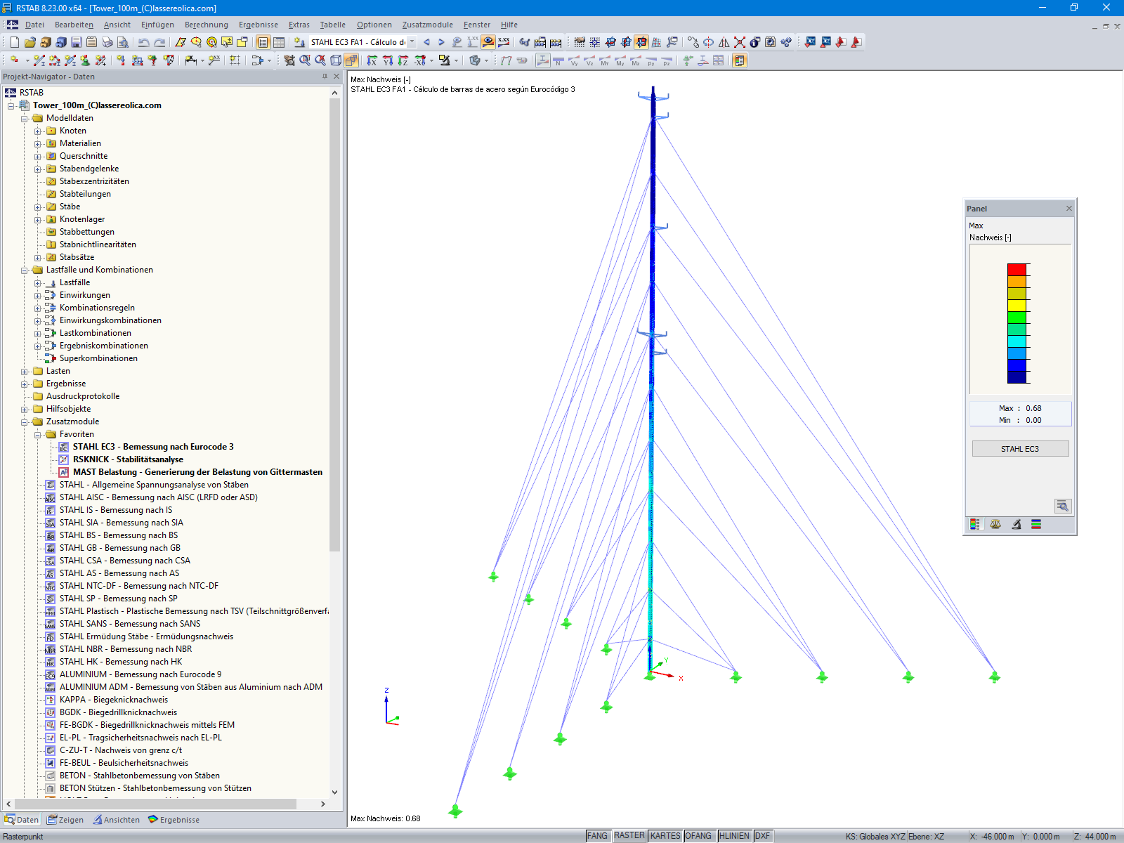 Modelo 3D de torre de celosía anclada de 100 m de altura en RSTAB (© Lasser Eolica S.L.)