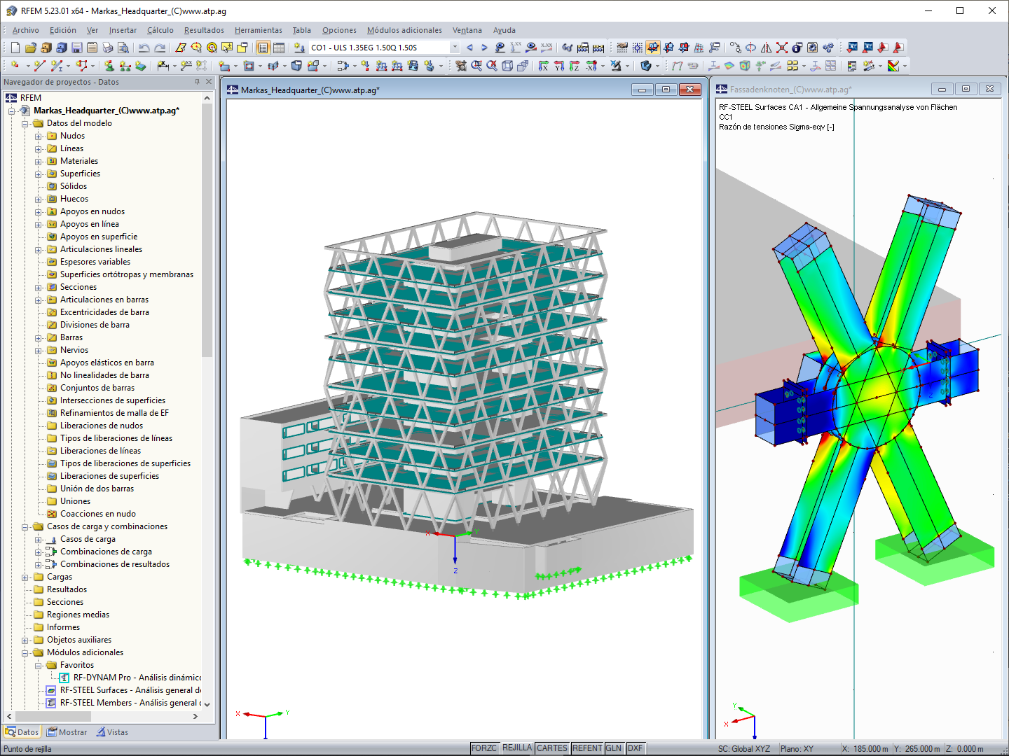 Modelo en 3D de la sede de Markas (izquierda) y análisis de tensiones de un nudo de celosía en RFEM (derecha, © ATP)