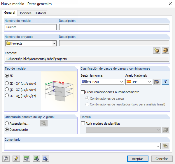 Cuadro de diálogo "Nuevo modelo - Datos generales"