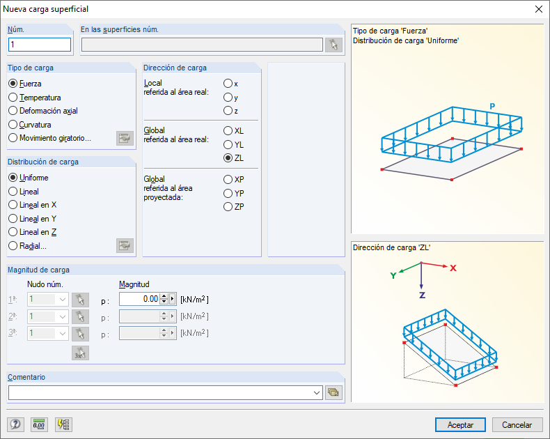 Cuadro de diálogo "Nueva carga superficial"