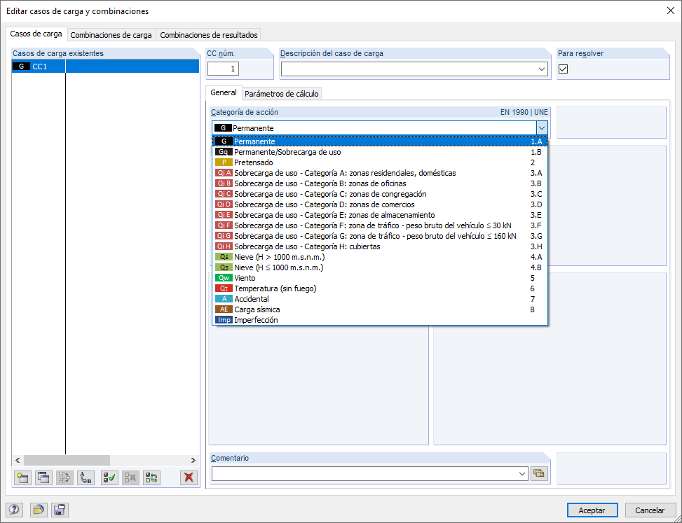Cuadro de diálogo "Editar casos de carga y combinaciones"