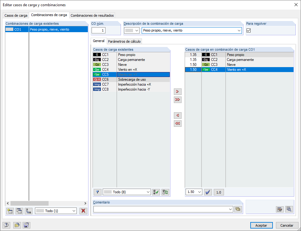 Casos de carga en combinación de carga