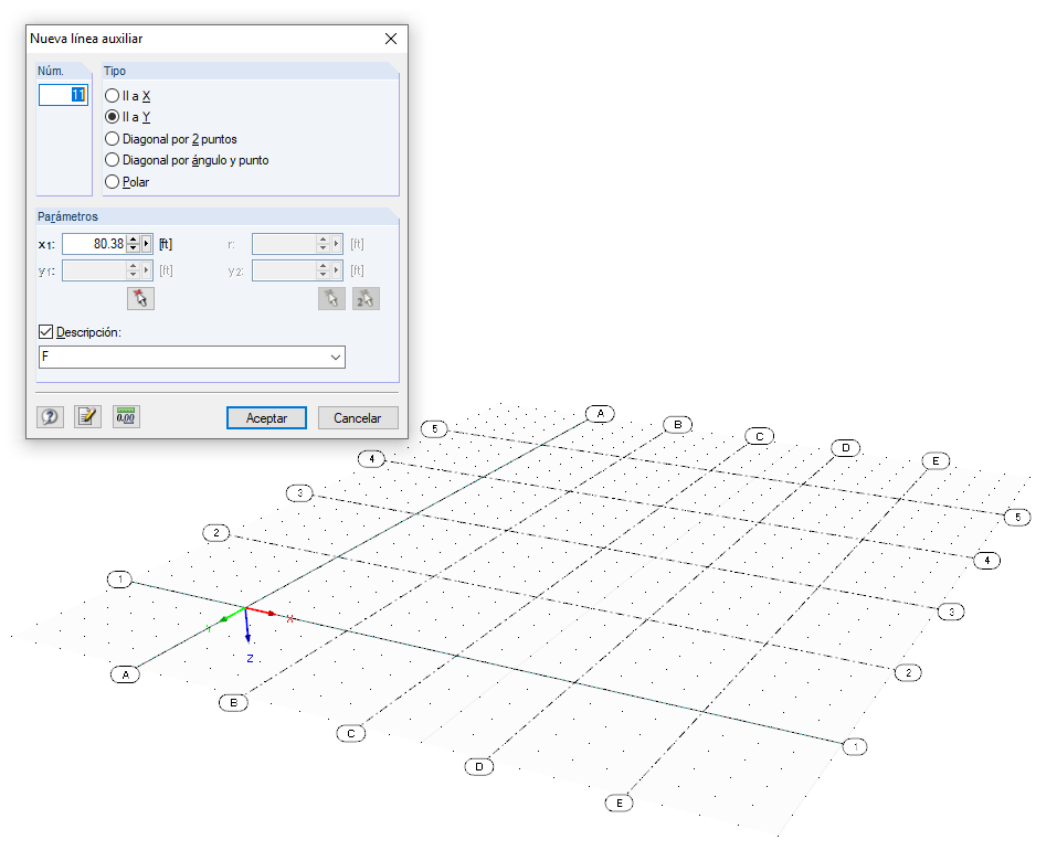 Cuadro de diálogo "Nueva línea auxiliar" y rejilla desde las líneas auxiliares