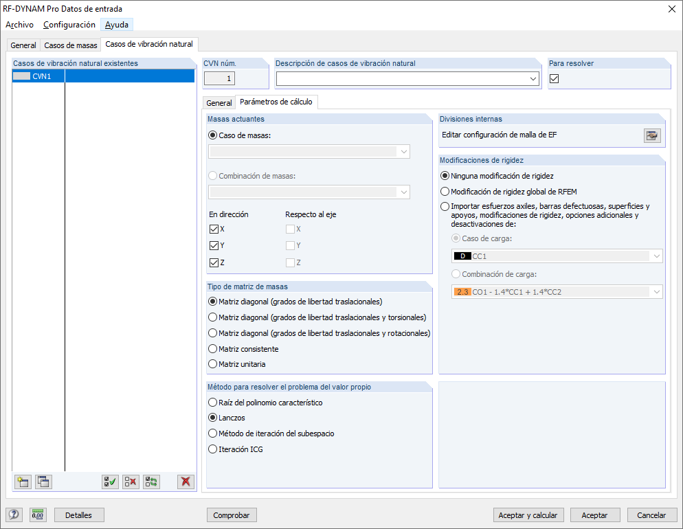 Cuadro de diálogo "Parámetros de cálculo" en RF-/DYNAM Pro
