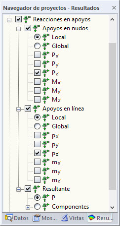 Resultado de las reacciones en los apoyos en el "Navegador de proyectos - Resultados"