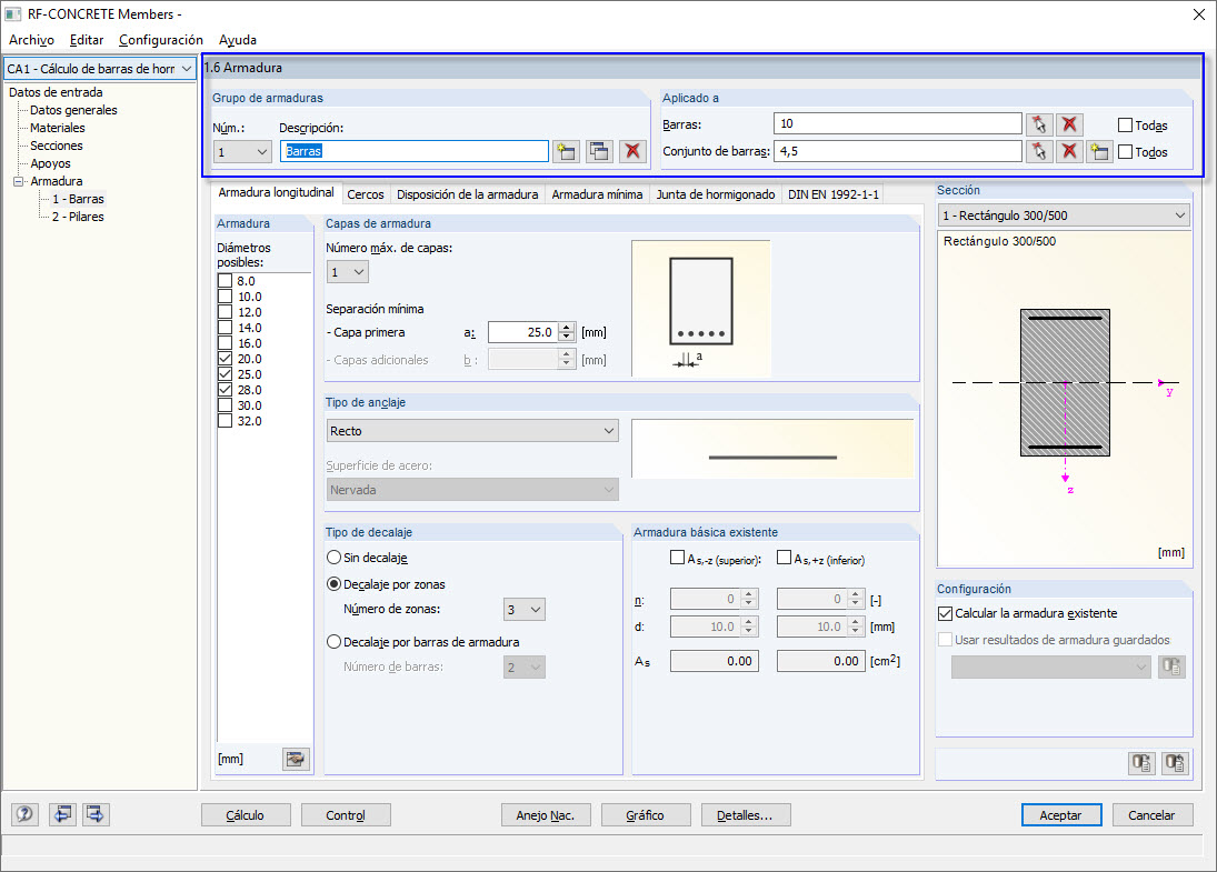 Ventana "1.6 Armadura" en RF-CONCRETE Members