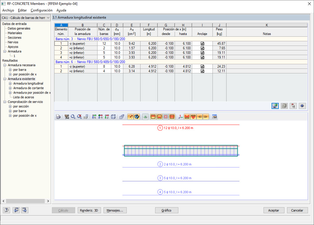 Ventana "Armadura longitudinal existente" en RF-CONCRETE Members