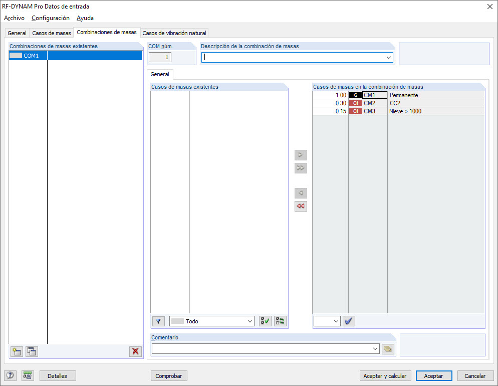 Cuadro de diálogo "Combinaciones de masas" en RF-/DYNAM Pro