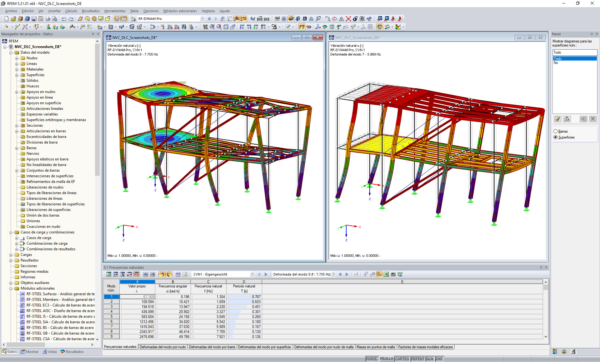 Análisis modal en RFEM - Evaluación tabular y gráfica