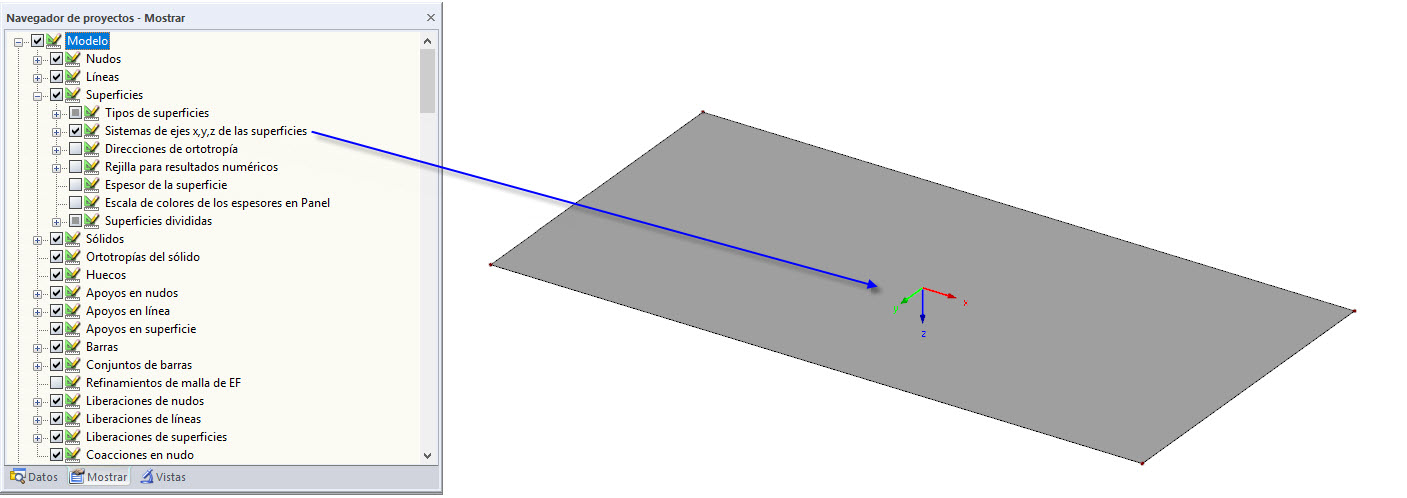 Visualización del sistema de ejes de superficie local