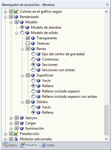 Navegador - "Visualización" con opciones para la representación