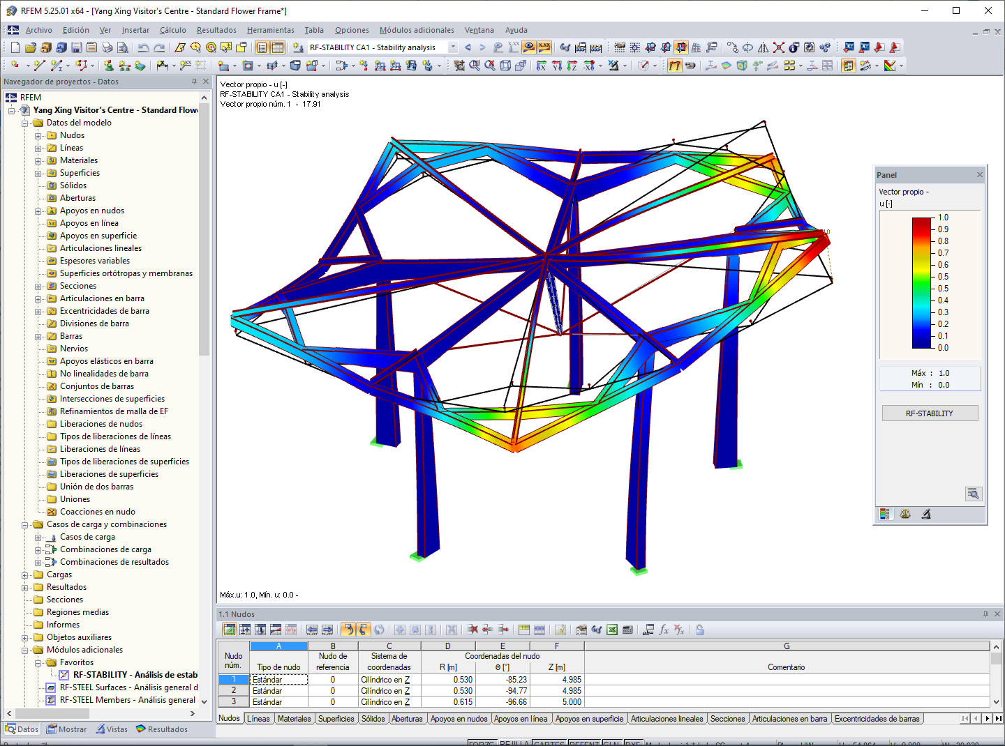 Primer modo propio calculado en RF-STABILITY (© Jing Kong & Associates Consulting Structural Engineers Inc.)