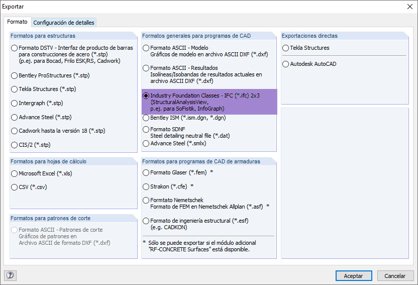 Exportación de IFC en StructuralAnalysisView