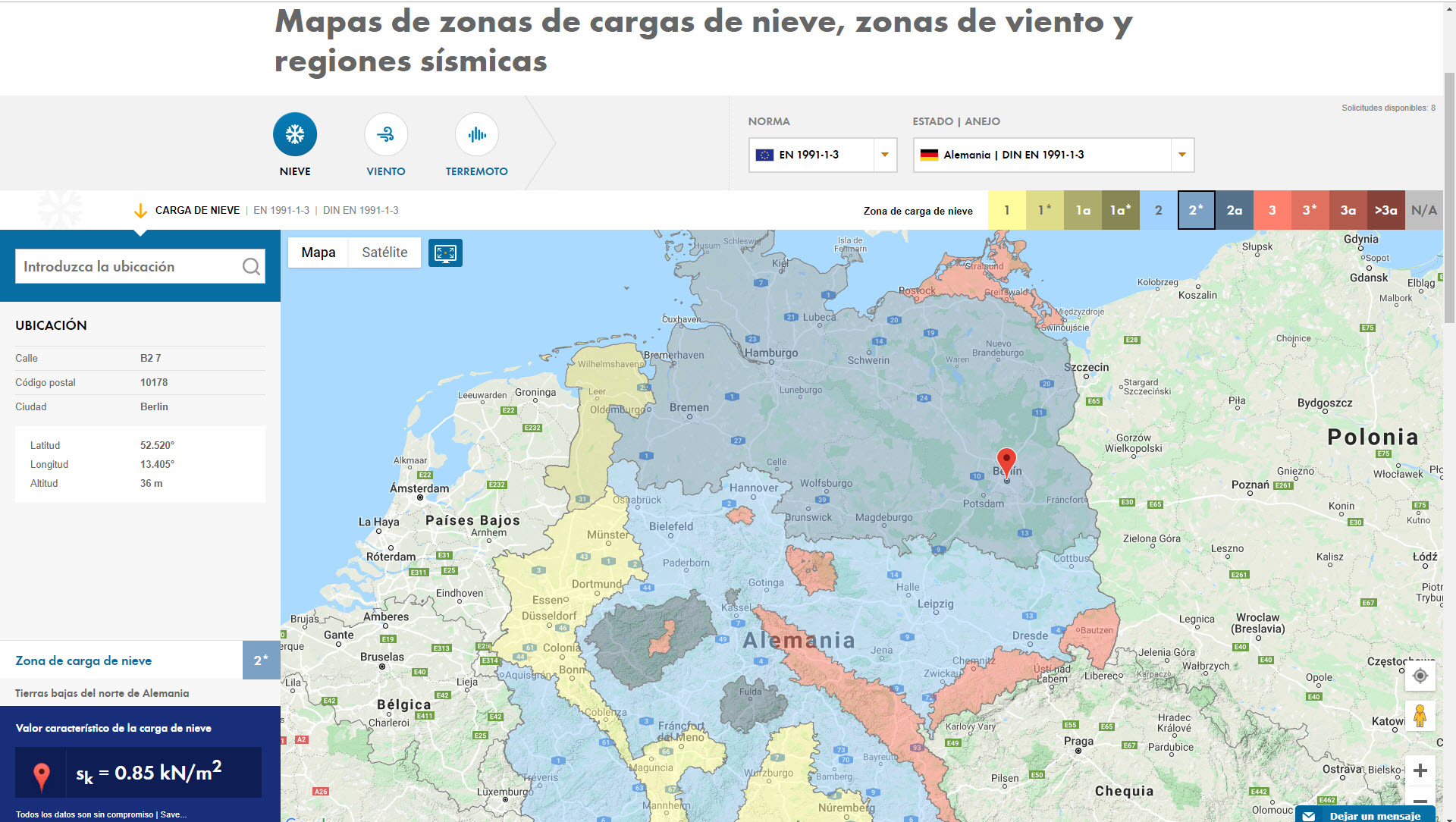 Encontrar la ubicación en Alemania en Google Maps y obtener la carga de nieve correspondiente