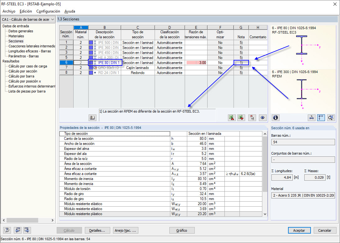 Diferentes secciones en RFEM y en el módulo adicional