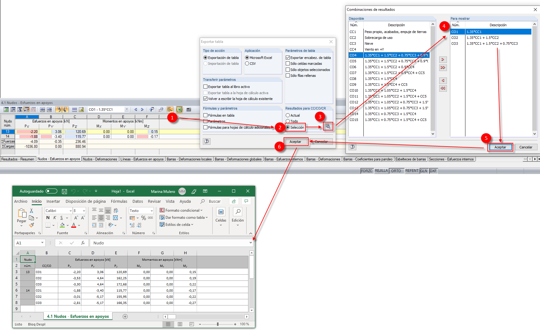 Exportación de las fuerzas en el apoyo en nudo de LC/CO/RC seleccionadas a Excel