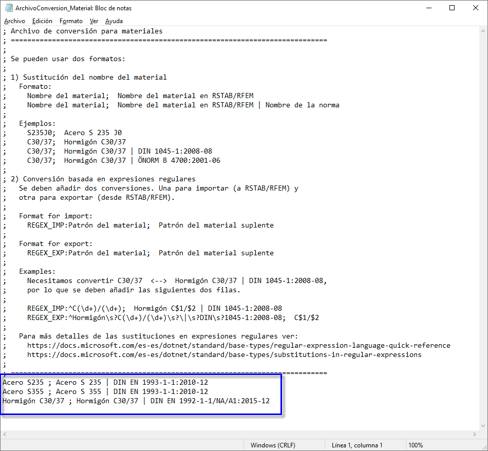 Tabla de conversión abierta con el editor