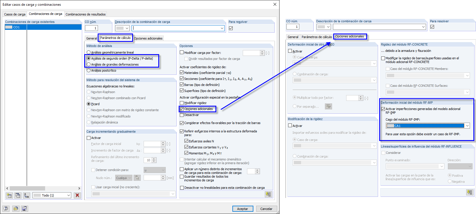 Configuración en combinaciones de carga