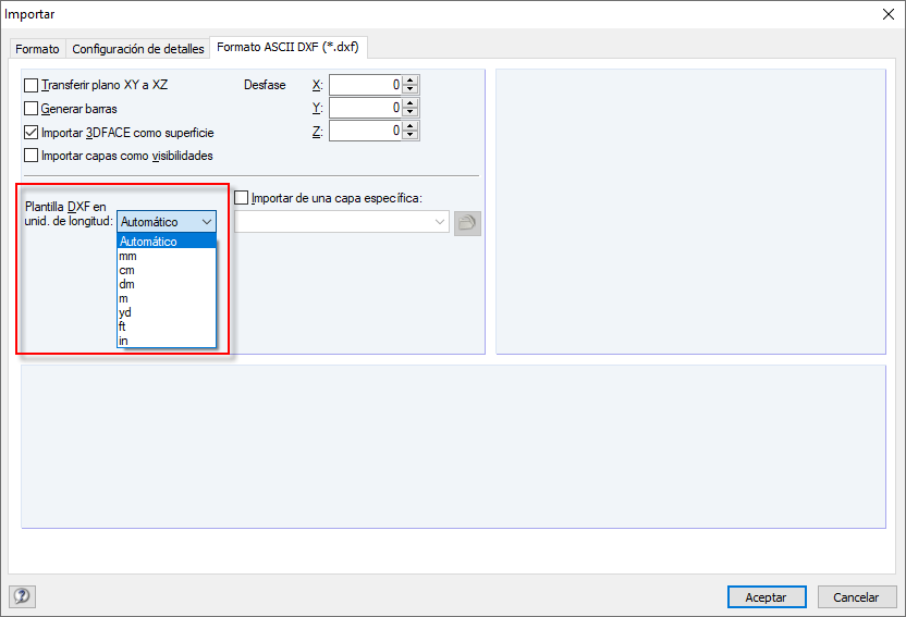 Importar DXF en formato ASCII: Configuración de la unidad de longitud