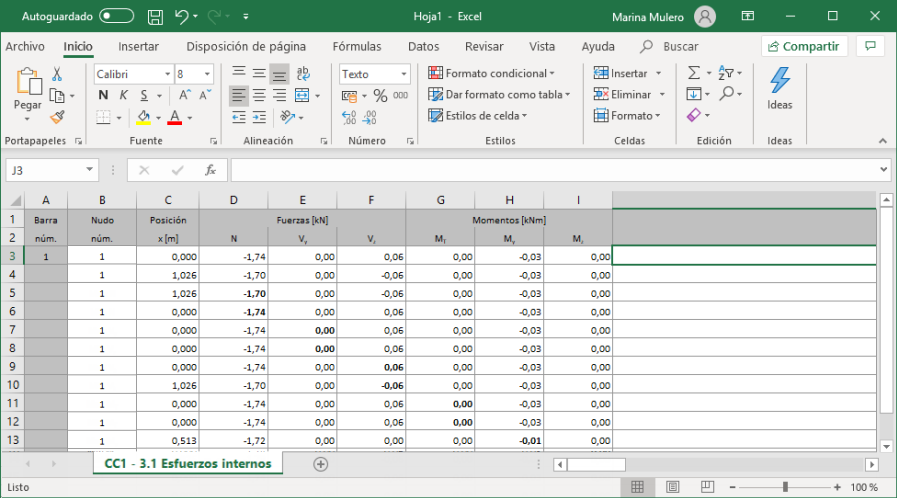 Esfuerzos internos exportados en Excel