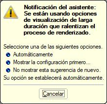 Mensaje sobre las opciones de visualización que requieren mucho tiempo