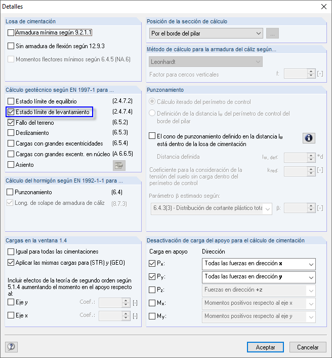 comprobación para el estado límite de levantamiento