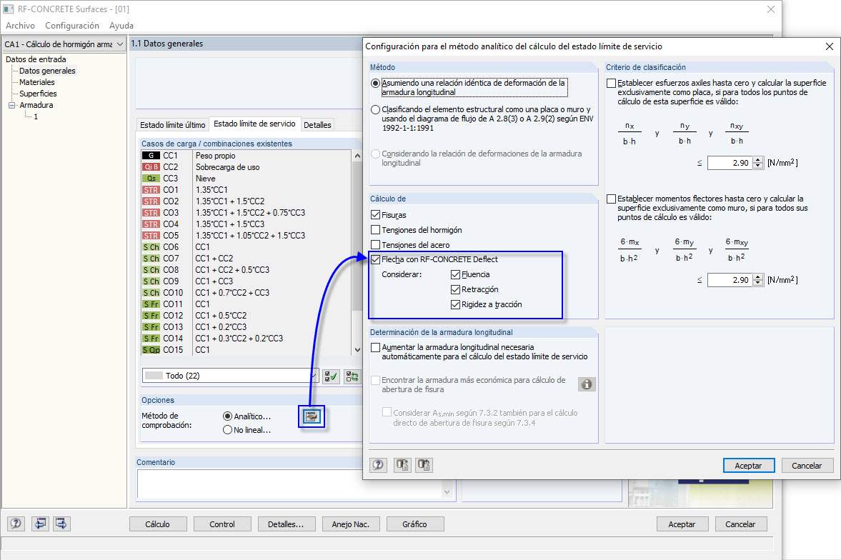 Consideración de la fluencia y la retracción en el ejemplo de RF-CONCRETE Deflect