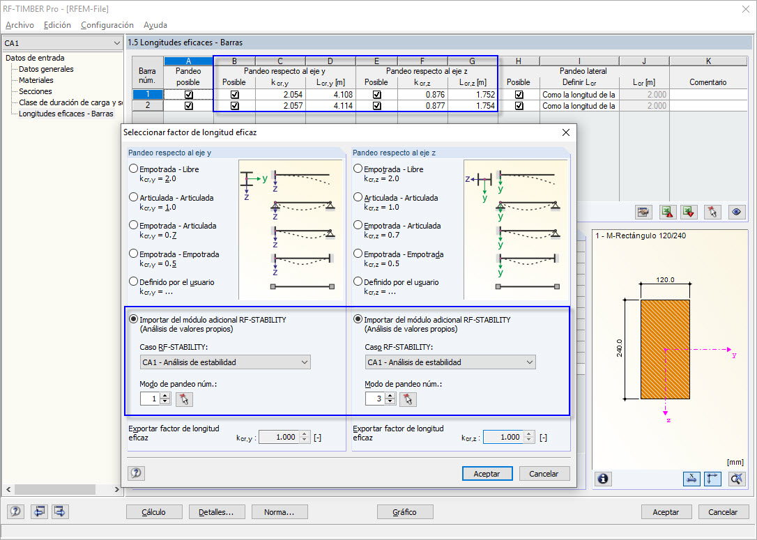 RF-/TIMBER Pro con cuadro de diálogo para importar longitudes eficaces determinadas
