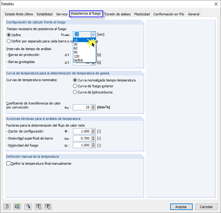 Configuración detallada para la resistencia al fuego