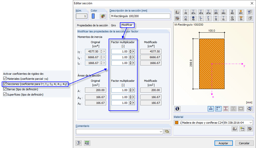 Consideración de factores de multiplicación de secciones