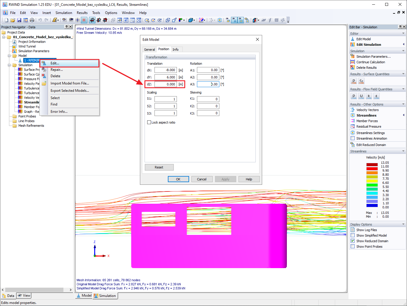 Polohu importovaného modelu můžete ovlivnit pomocí dialogu Upravit model přímo v RWIND Simulation.