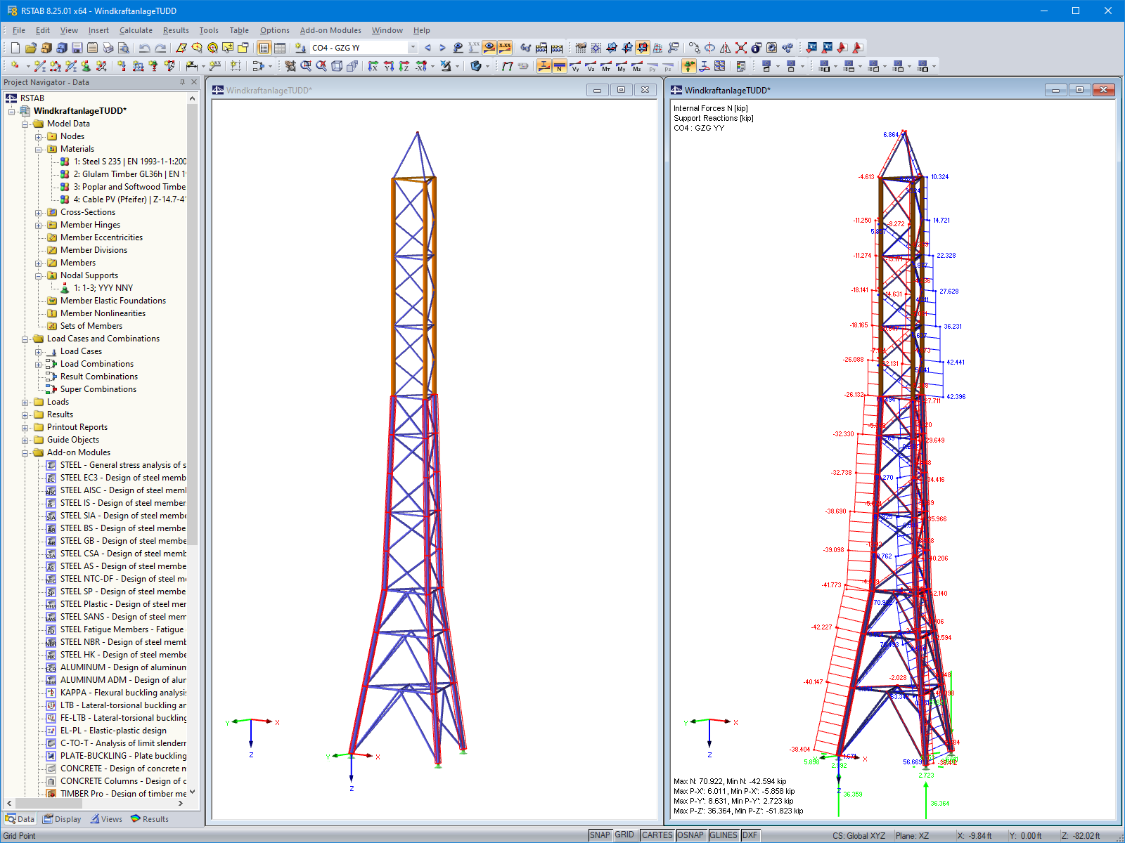 Modelo de torre de celosía en 3D (izquierda) y fuerzas axiales (derecha) en RSTAB (© TU Dresden)