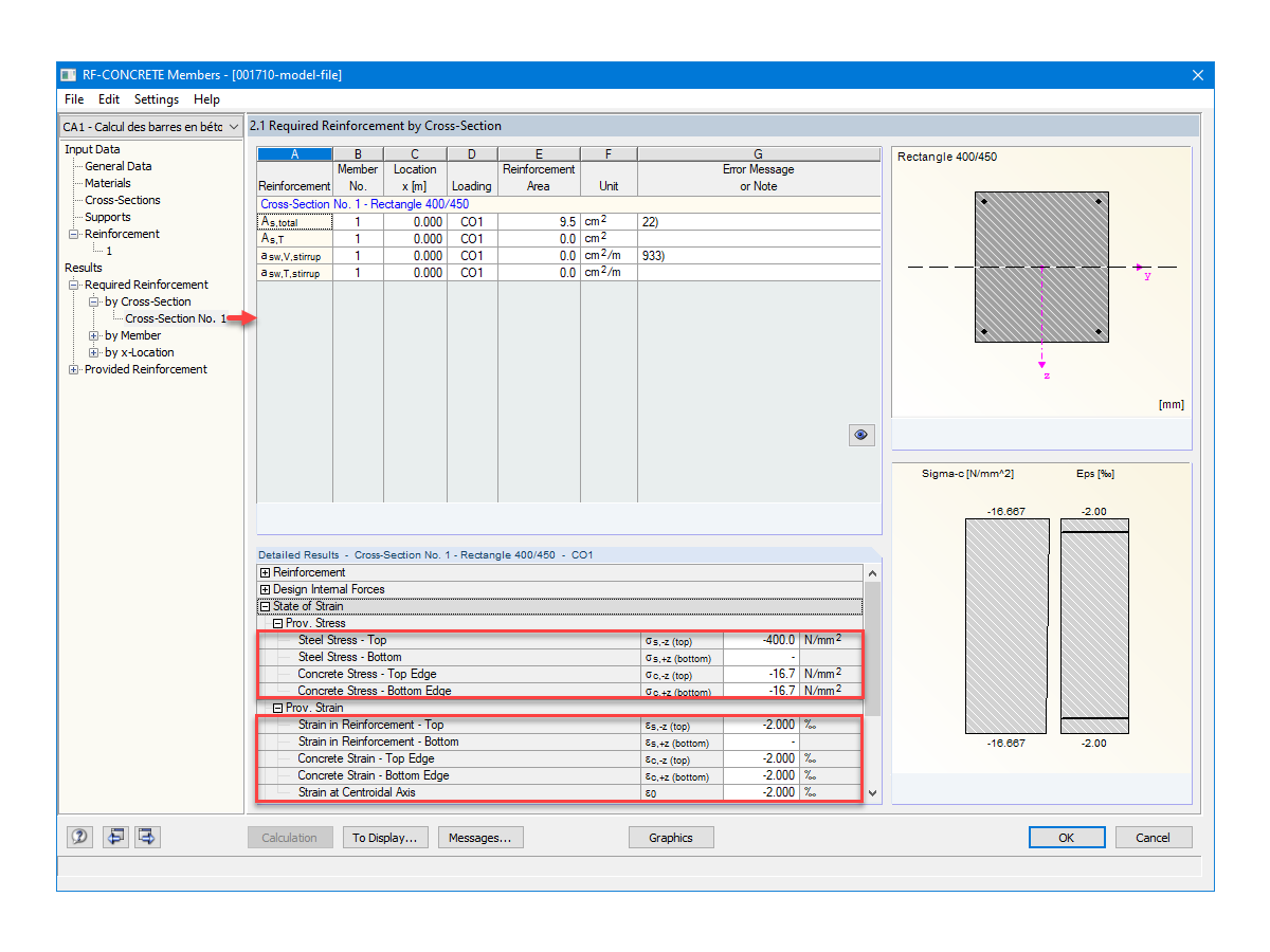 Visualización de tensiones y deformaciones proporcionadas en RF-CONCRETE Members