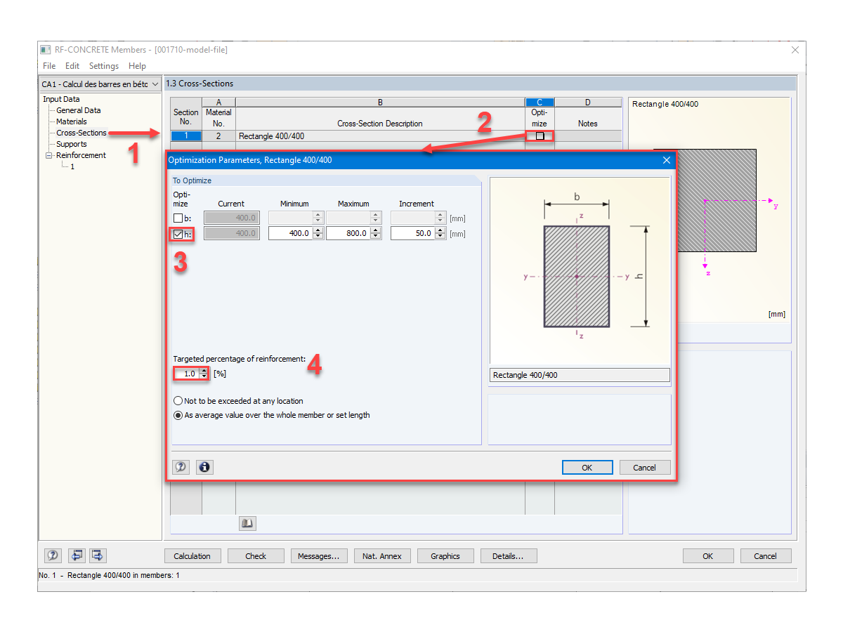 Optimización de la sección rectangular en RF-CONCRETE Members