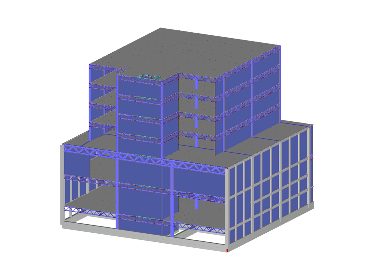 Modelo en 3D del edificio de oficinas en RFEM (© Cosmos Proyectos Estructurales, S.A. de C.V.)