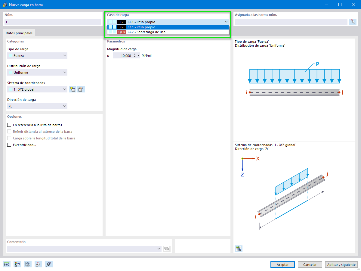 Cambio del caso de carga para la carga en barra