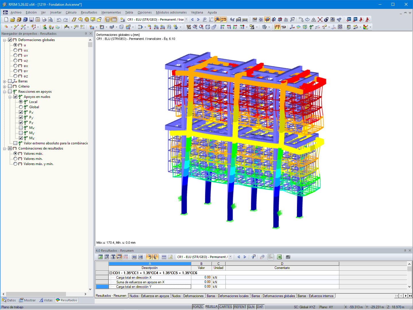 Visualización de la deformación general de la Fundación Avicena en RFEM