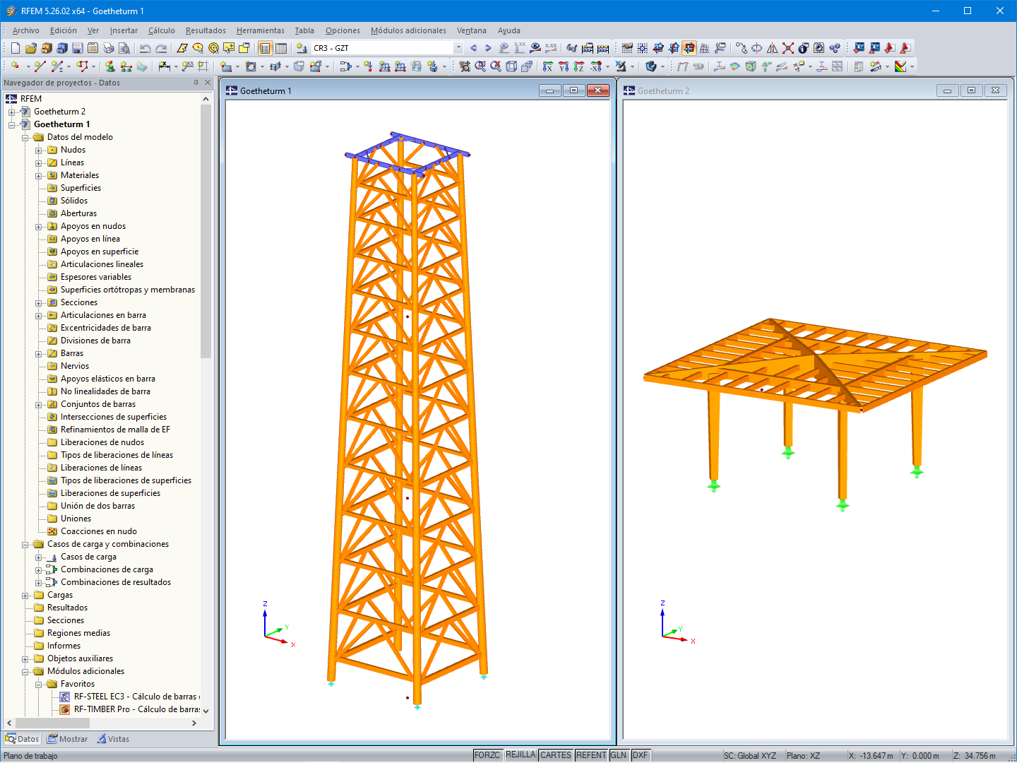 Modelo de la torre (izquierda) y la plataforma (derecha) en RFEM (© ingwh)
