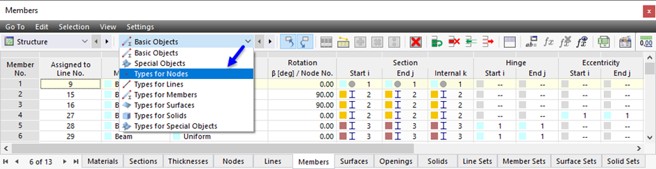 Tabla de modificación de objetos de "estructura"