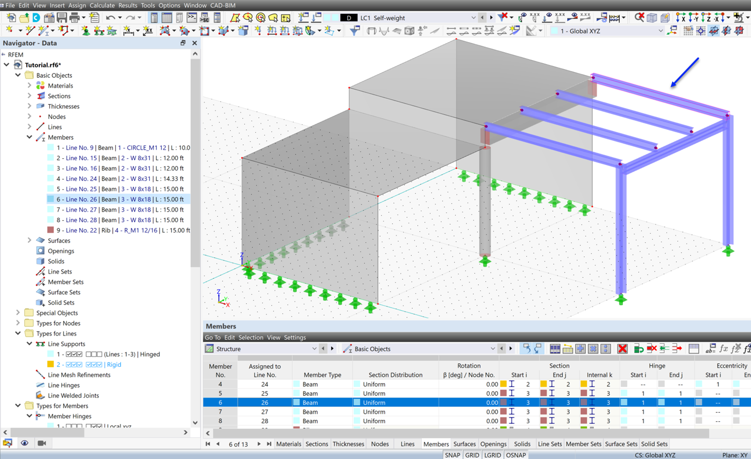 Modelo estructural con barra seleccionada (en el navegador o en la tabla) resaltada en los gráficos